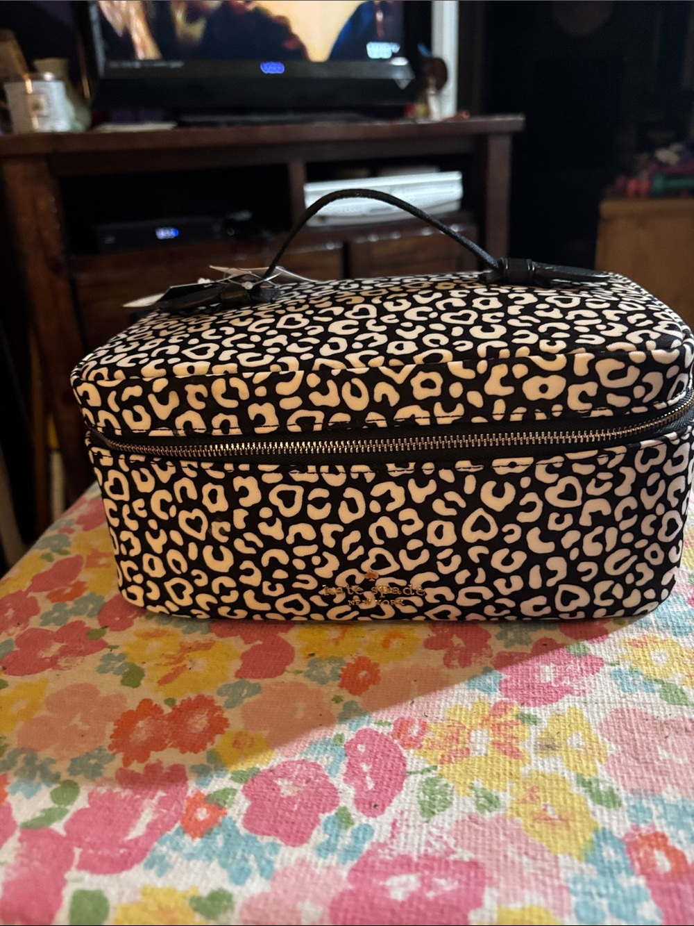 kate spade Black and Cream Leopard Print Cosmetic Train Case